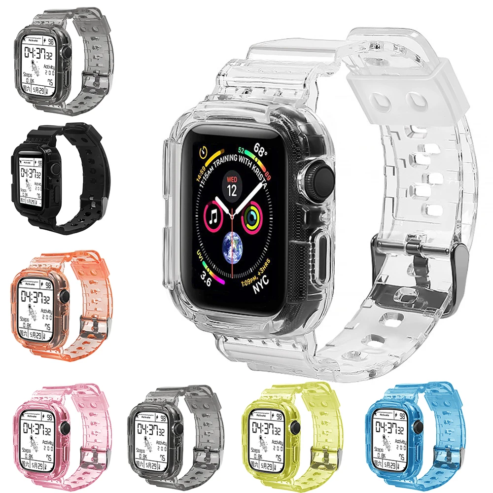 Silicone Clear Band for Apple Watch 44mm 42mm 40mm 38mm Case Transparent Sports Bands Case Replacement Strap for iWatch SE 6/5/4