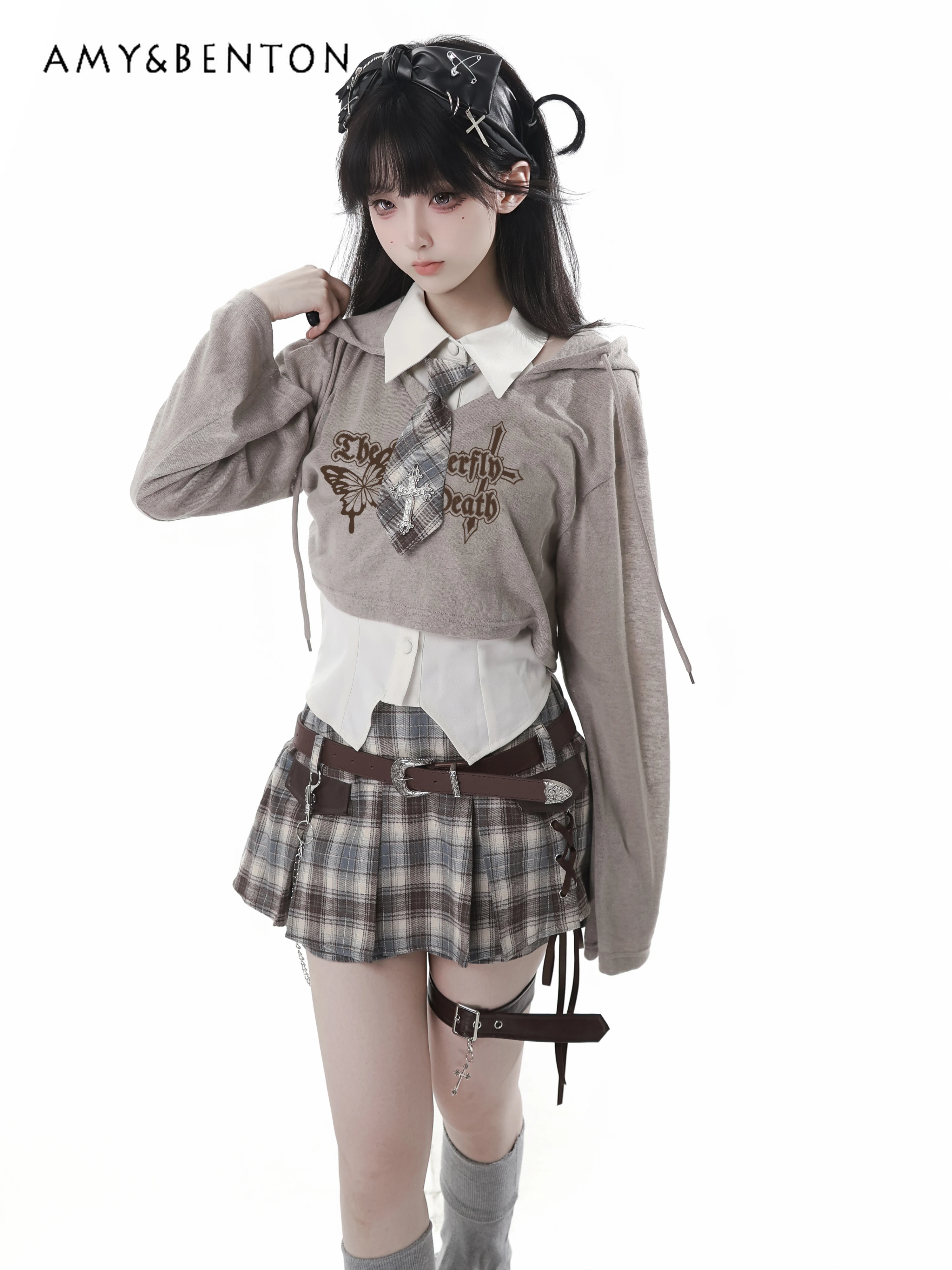 الأمريكية الرجعية Y2K الصيف تنورة مجموعات النساء الحلو كول مقنعين قصيرة طويلة الأكمام سترة قميص صغير منقوشة تنورة ثلاث قطع مجموعة