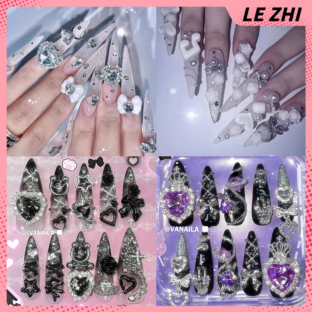 

10Pcs Japanese Style Spice Girl Almond Handmade Press On Nails Metal Star Wing Chain Bowknot Cat Paws Diamond Pearl Fake Nails