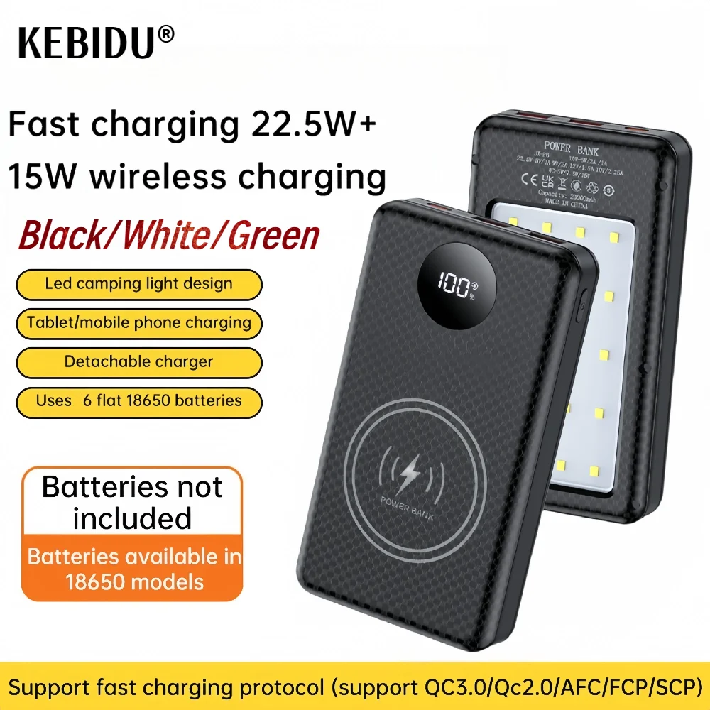 

Detachable 22.5W+15W Fast Charging DIY 18650*6 Shell Power Bank Case With LED Battery Charge Storage Box Without Battery