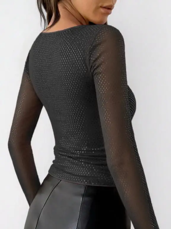 Koszulka z długim rękawem w stylu Y2K Spicy Girl, jesień 2025, głęboki dekolt w serek, nadruk w kropki, podkreślająca talię, seksowna koszulka z możliwością personalizacji.