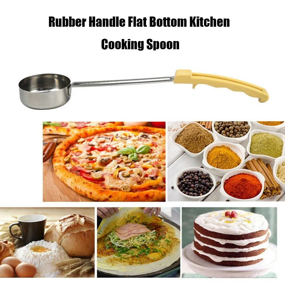 Pizza Spread Sauce Ladle Rubber Handle Flat Bottom Kitchen Cooking Spoon Stainless Steel Measuring Stir Soup Spoon -3 Oz