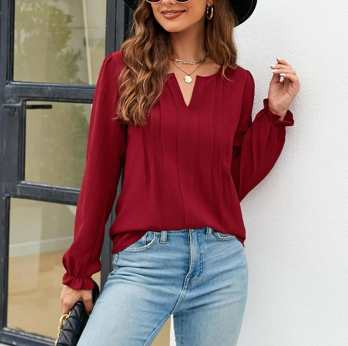 VOLEEMI 2024 Fall Outfits Women's Dressy Solid Color Casual Blouses Business Work Tops Long Sleeve V Neck Pleated Shirts