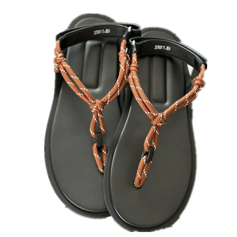 Sepatu Wanita Musim Panas yang Kering, Sandal Kulit Sapi Tali Rami Retro Prancis, Sepatu Datar Minimalis, Sandal Wanita