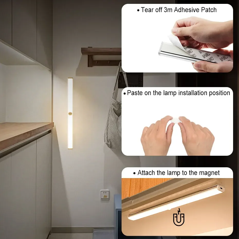 LED PIR Motion Sensor Wardrobe Lamp, Closet Light, USB recarregável, luzes noturnas reguláveis, cozinha, quarto, escadas, 6, 10, 24, 40, 60