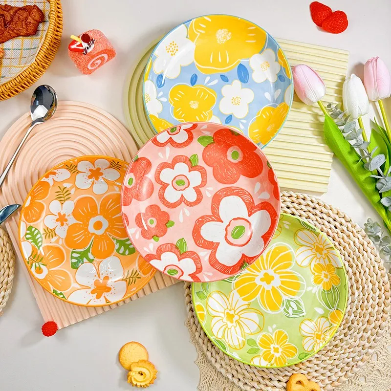 Nordic Style Plate Flower Set 4P Family Cutlery Pasta & Steak Plate - A+B+C+D, 4P Plate Set