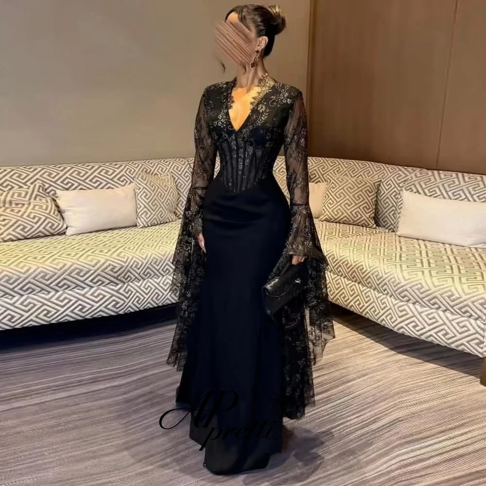 AP pretti Elegant V-Neck Lace Appliques Mermaid Evening Dress Customized Flowy Long Sleeve Tiered Floor Length Party Prom Gown