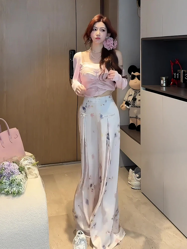 Nouveau chinois Sle aquarelle imprimé pantalon à jambes larges femmes taille haute minceur drapé pantalon décontracté été nouveauté