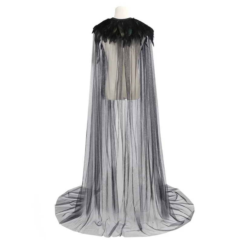 Black Evil Queen Villain Witch Cloak Steampunk Feather Collar Light Gauze Cape Halloween Cosplay Prop Length 180cm for Adults