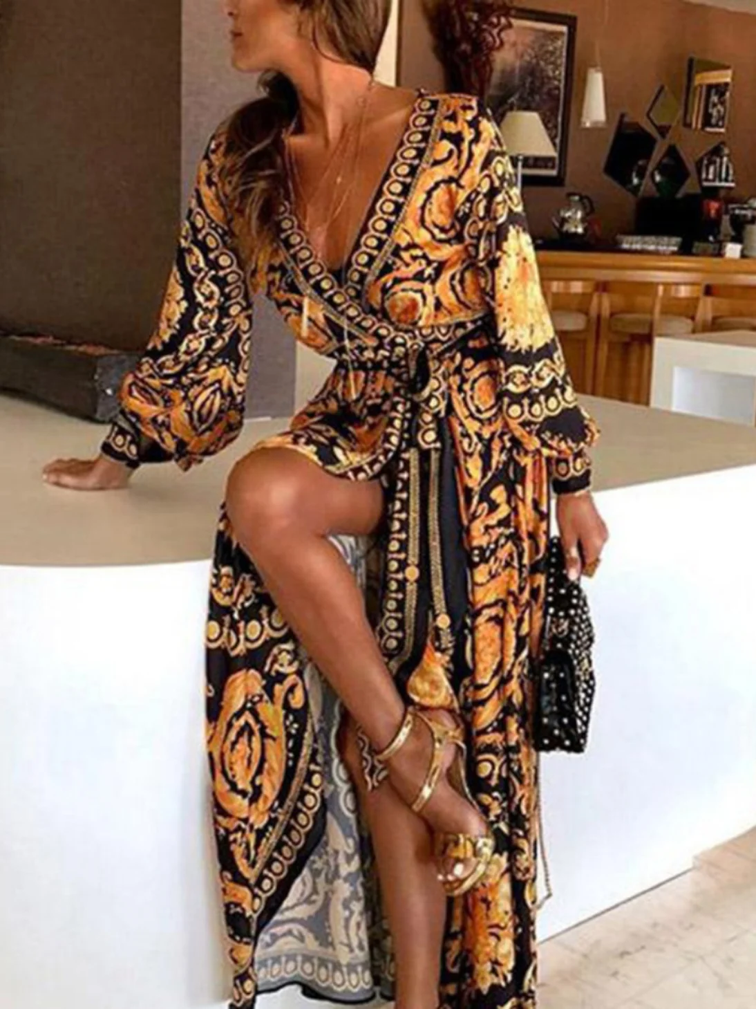 n Sle Long Sve Printed Chiffon Dr Waist Cinched Robe Sle Casual Long Dr Women's Faion Spring Autumn