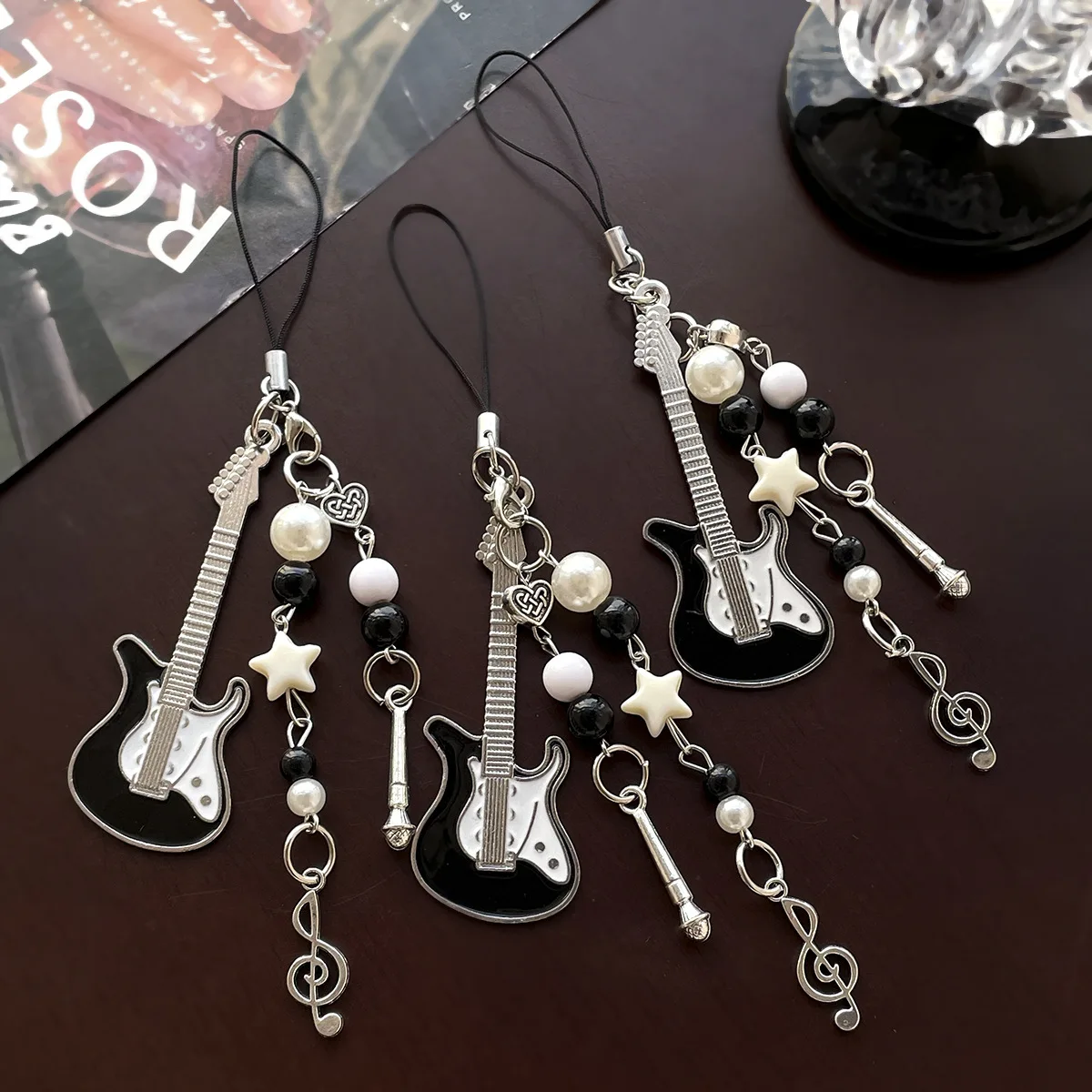 

Rock Style Electric Guitar Phone Charm Black White Beaded with Star Music Pendant Aesthetic Edgy Hanging Decor for Music Lovers