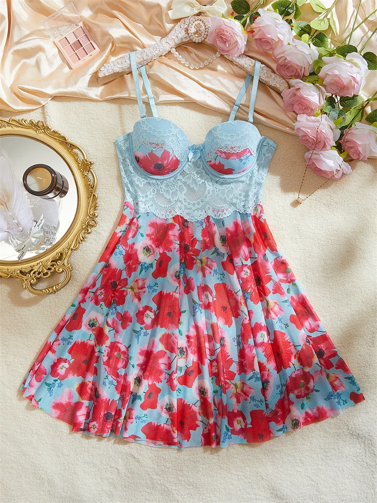 Women Sexy Nightgown Floral Print Pajamas Dress Lace Splicing Nightwear Sleeveless Night Dress Home Wear Baby Doll Sexy Lingerie