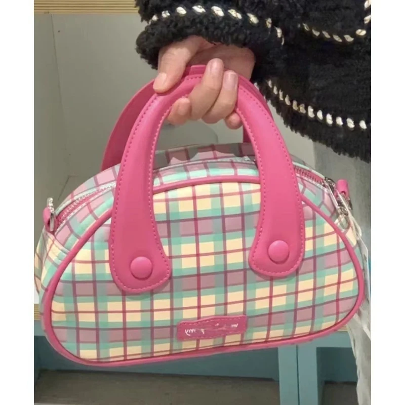 

Pink Plaid Series Bowling Handbag Women's Spring New Fashion All-match Shoulder Bag Diagonal Bag Pink Bag Aesthetic Bags