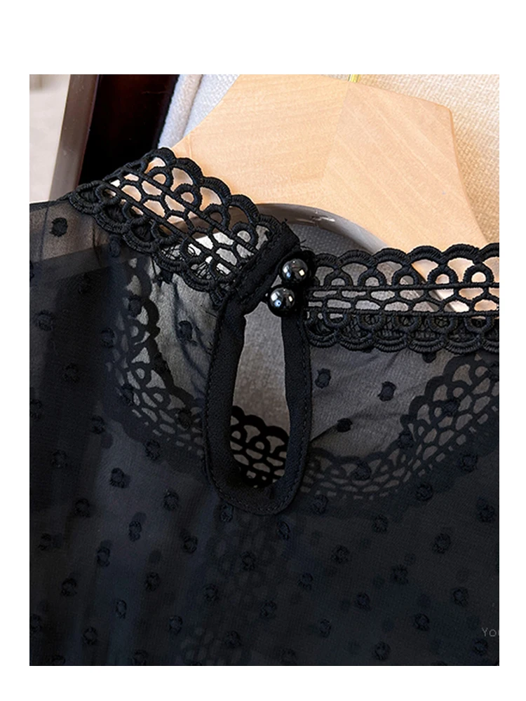 المرأة السوداء القوطية الشيفون قمصان البلوزات خمر أنيقة 2000s طويلة الأكمام الدانتيل المرقعة قميص للسيدات الملابس ربيع الخريف #3