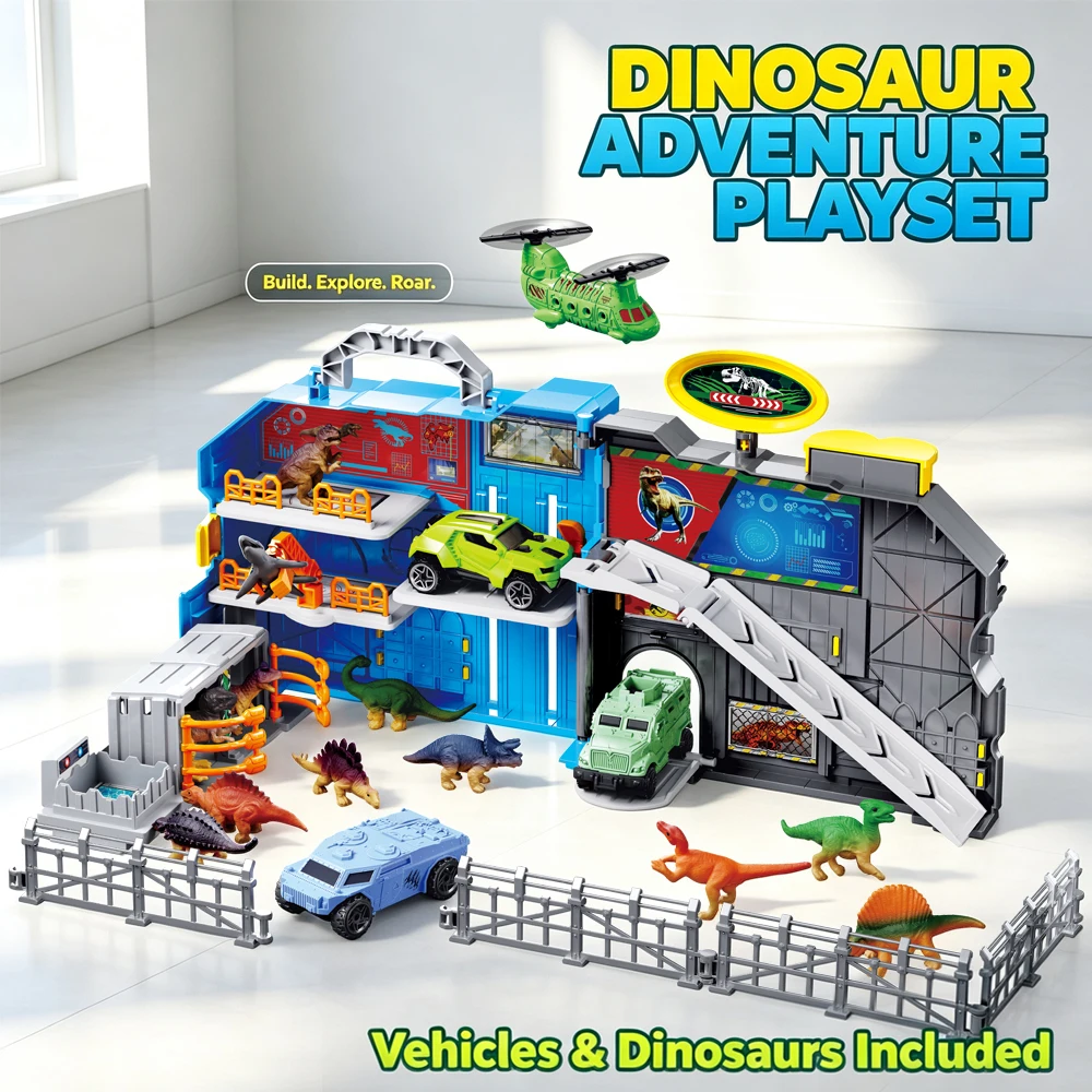 conjunto-de-brinquedos-«aventura-com-dinossauros»-base-de-estacao-de-resgate-de-dinossauros-de-grandes-dimensoes-com-varios-niveis-de-estacionamento-mini-carros-helicoptero-e-dinossauros