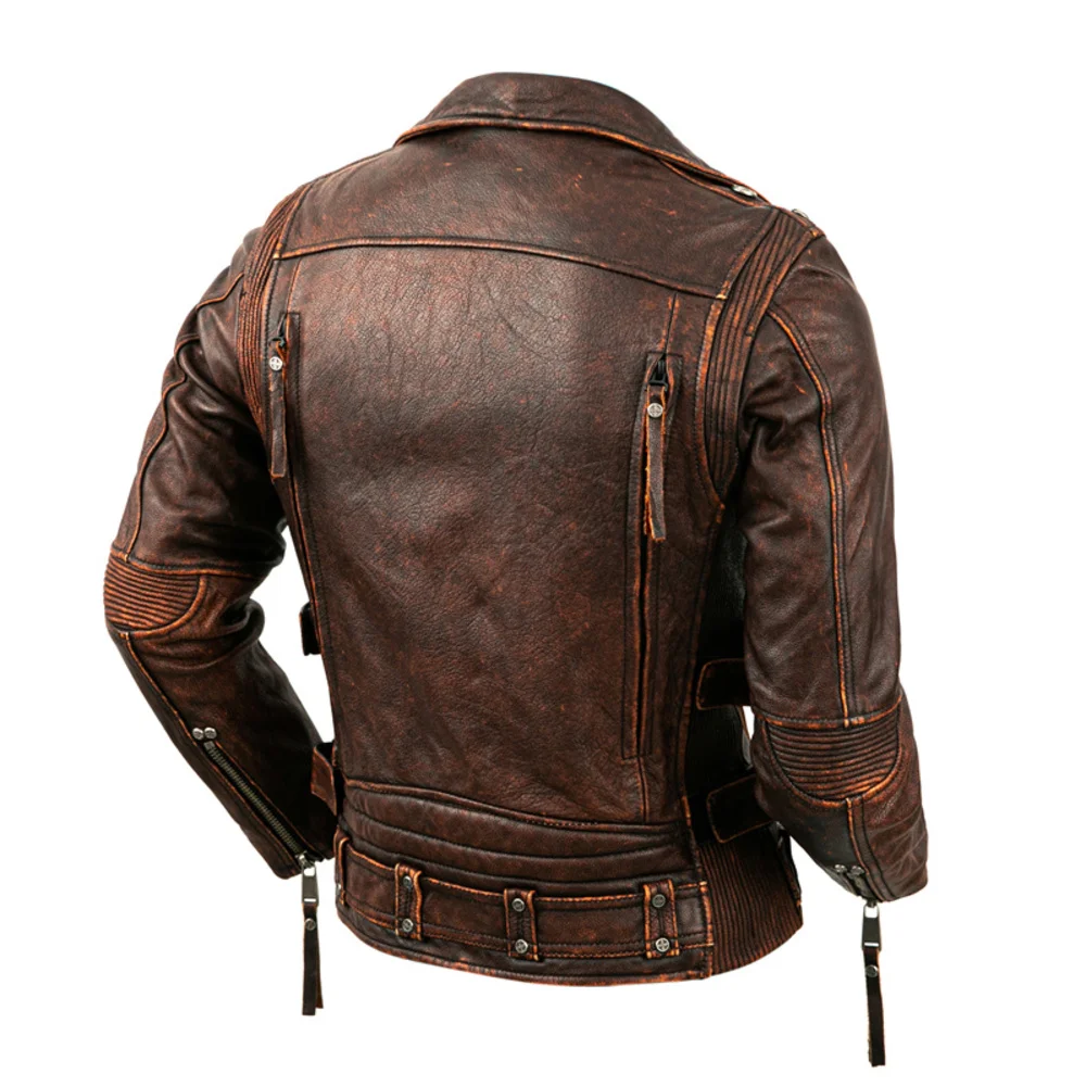 Natural Men's Motorcycle Top Layer Cowhide Biker Retro Moto Suit Stone Milled Large Size Leather Jacket