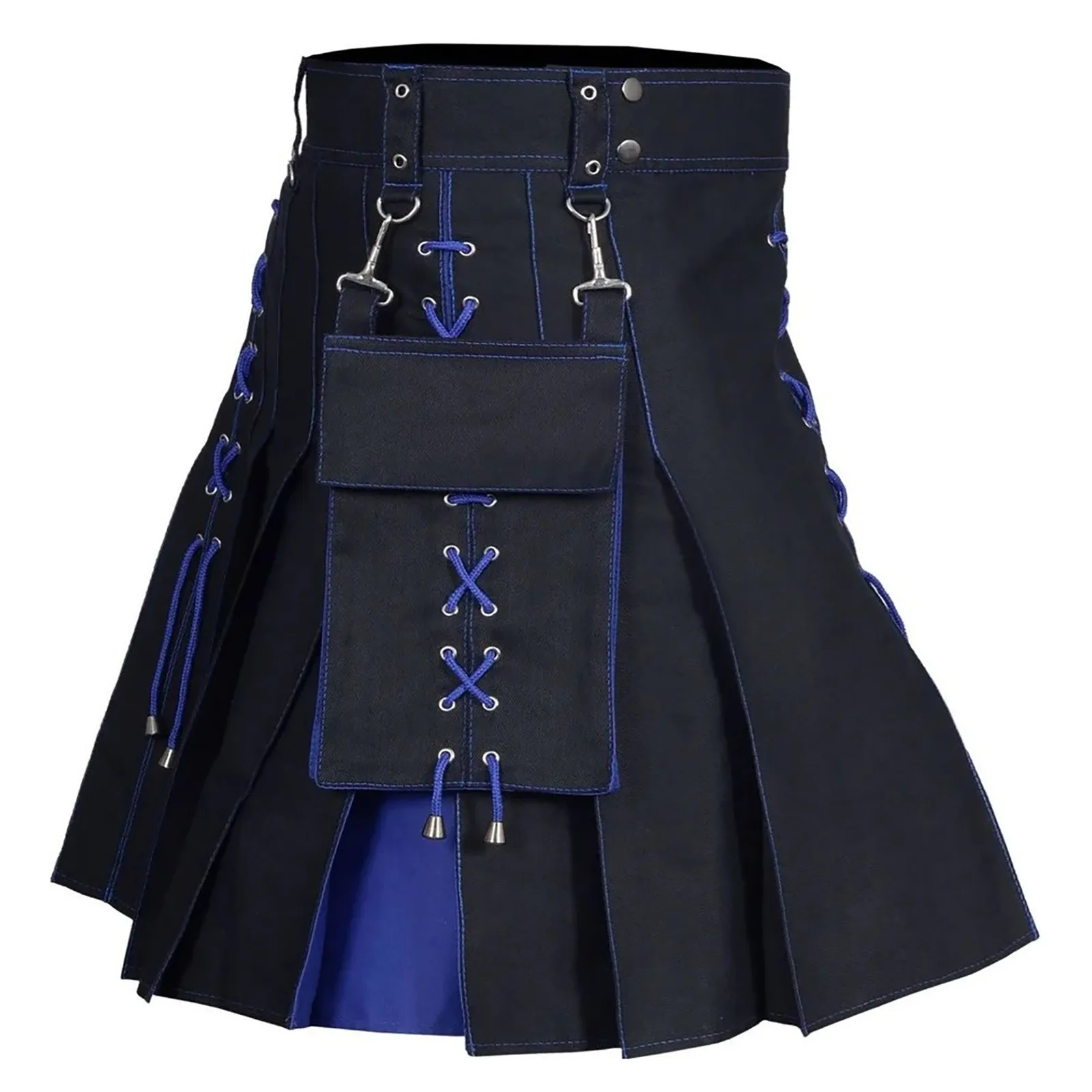 Fashion Pleated Skirt Scottish Holiday Skirt Medieval Knife Pleat Design Two Flap Pockets Snap Securing Strap Kilt Men Philabeg