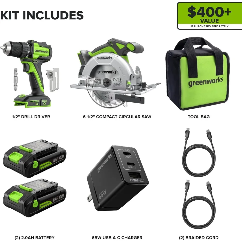 Аккумуляторная бесщеточная дрель/шуруповерт Greenworks, 24 В, 400 фунтов, с циркулярной пилой 6,5 дюйма, 4800 об/мин, регулируемая глубина резки 45