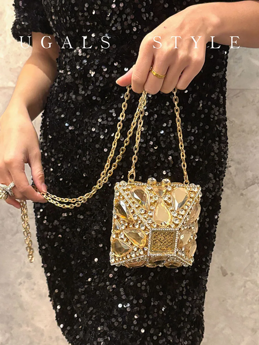 

UGALS Faion Luxury Diamond Encrusted Box Dinner Handbag Single oulder Handle Small Square Bag Ele Clutch Purse