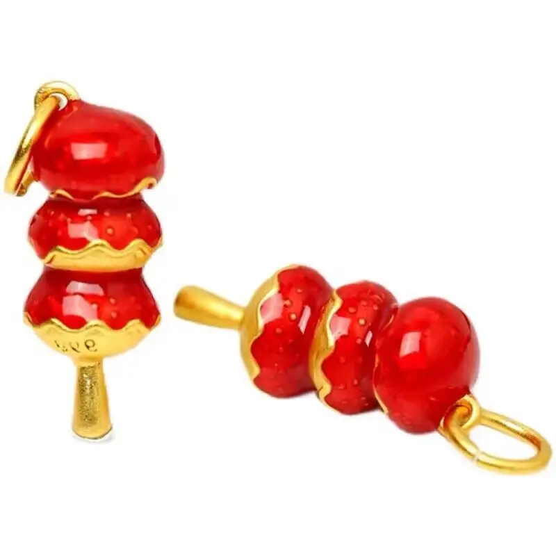 New Chinese Style Element Gold Color Red Drip Glue Candied Haws on A Stick Pendant Women's Fun and Cute Girlfriend Gift Jewelry