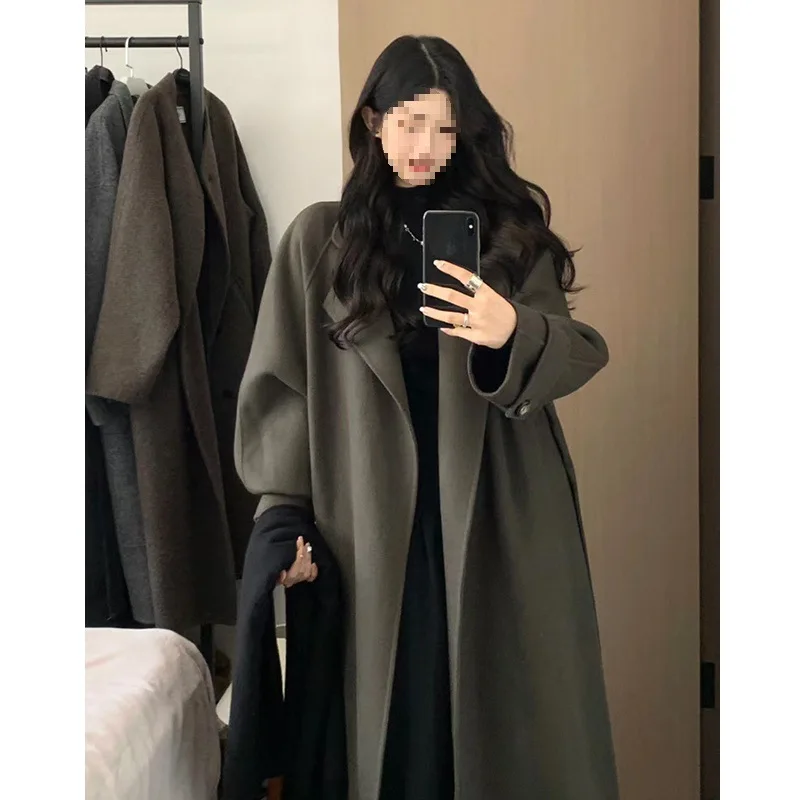 Oversized Korea Elegant Woolen Windbreaker Coat Women's Autumn Winter New High-end Outwear Mid-length Top Loose Wool Jacket Lady