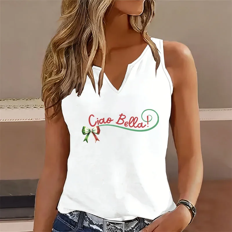 Casual Fashion Y2k Ciao Bella Printed Sleeveless Tank Top T-shirt V Neck Vest T Shirts Women Tee Shirt V-Neck