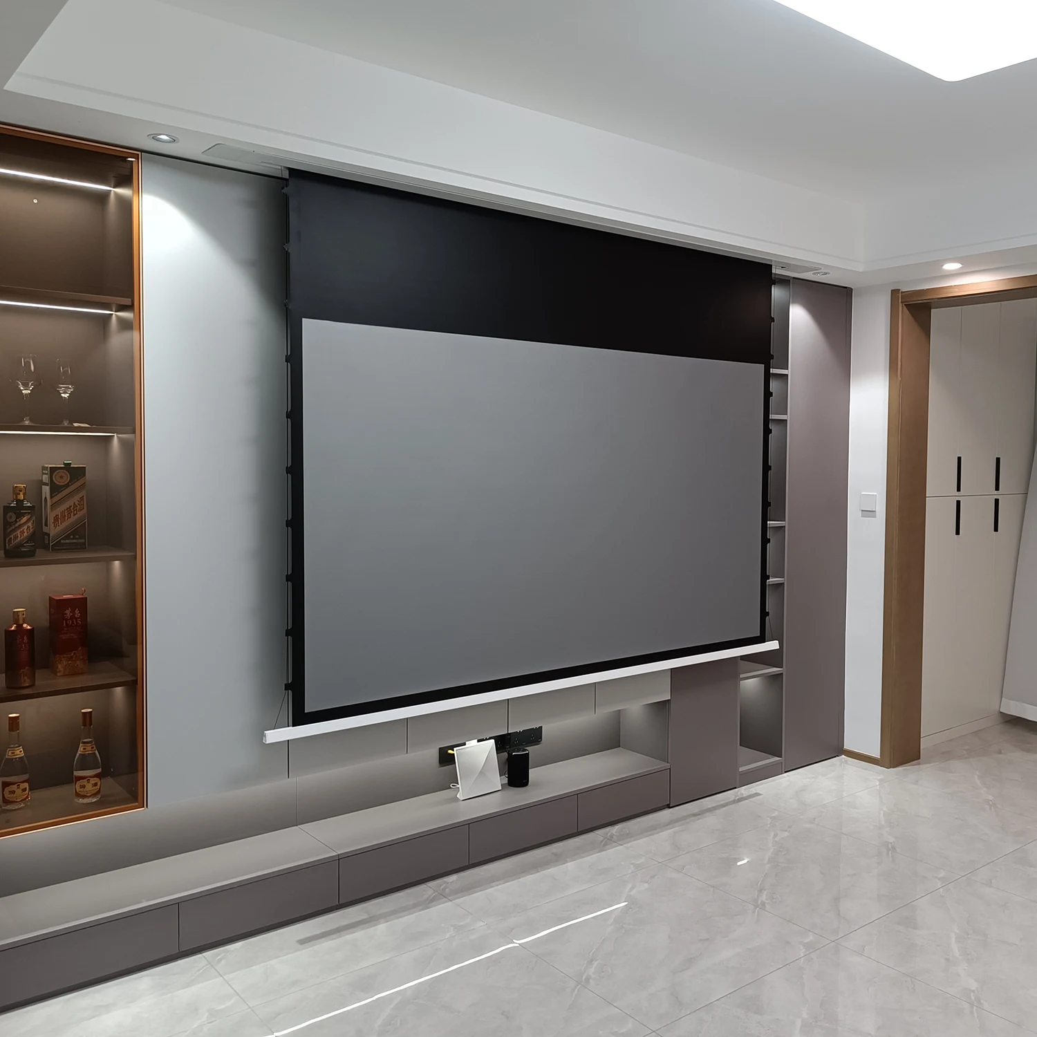 NEW 8K Tab Tension Concealed Hidden In-Ceiling Recessed Electric Projector Screen With Ambient Light Rejection Dark Grey Fabric