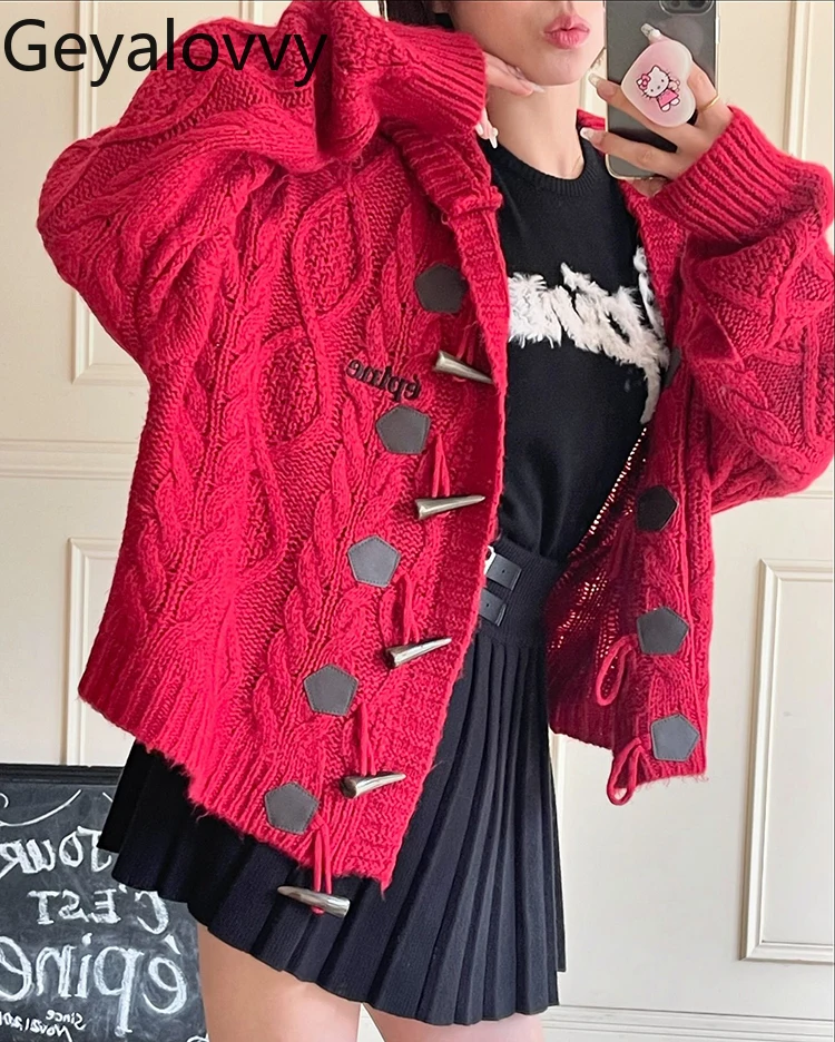 Japanese Style Thick Knit Cable Oversize Hooded Sweater Jacket Casual Horn Button Long Sleeve Women's Sweet Knitted Cardigan