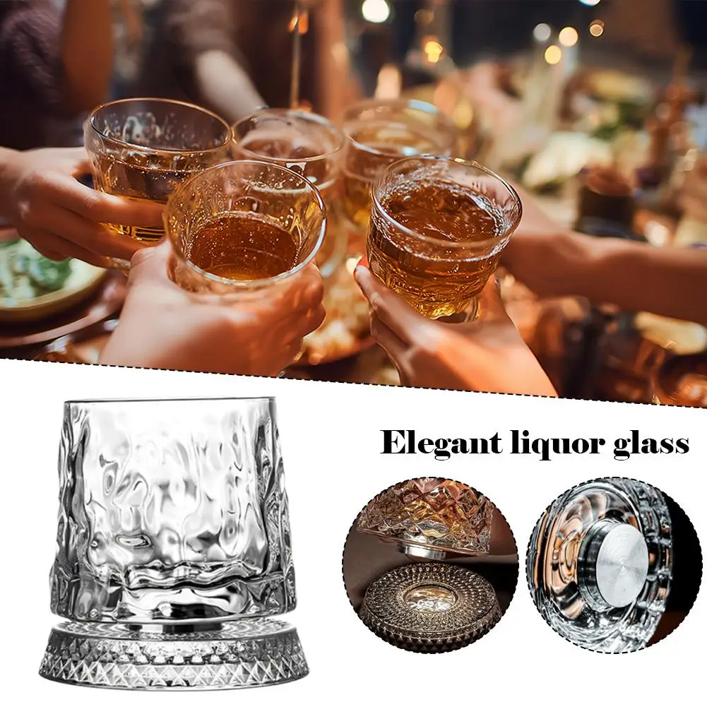 

280ml Rotating Whiskey Glass – Stress-Relief Spinning Tumbler, 360° Crystal Base, Multiple Patterns for Home Bar & Relaxation