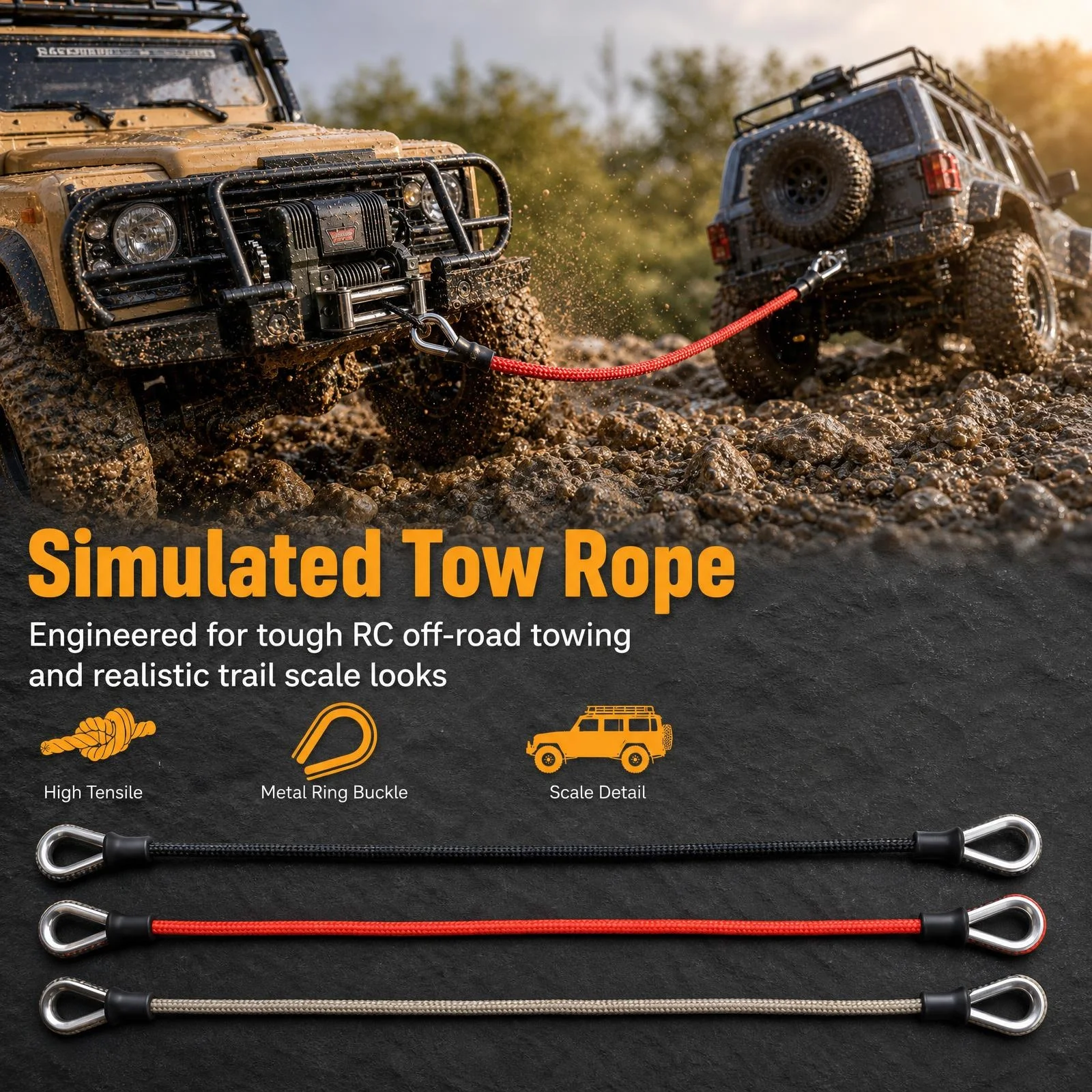 2Pcs Handmade Simulated Mini RC Tow Rope Heavy Duty Recovery Pulling Strap for 1/16 1/18 1/24 RC Crawler Car Upgrade Accessories