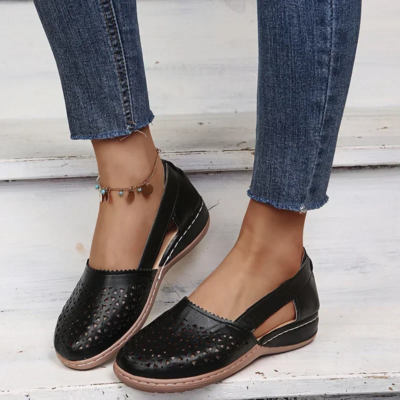 European and American Women\'s Shoes Round Toe Wedge Heel Large Flat Bottom Women\'s Sandals zapatos de mujer 2024