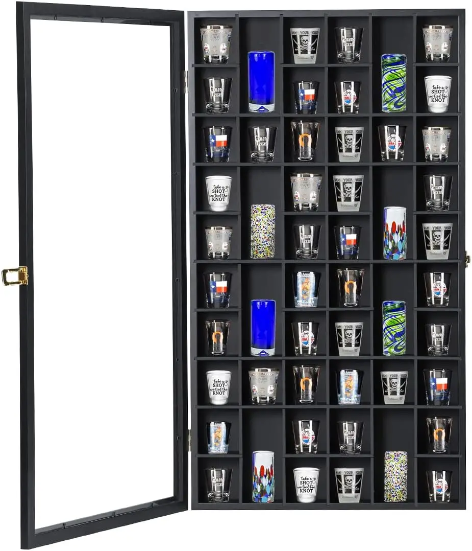 

Large Wooden Wall Mounted Lockable Shadow Box Shot Glass Display Case Rack Holder Storage with UV Protection Acrylic Door Remova