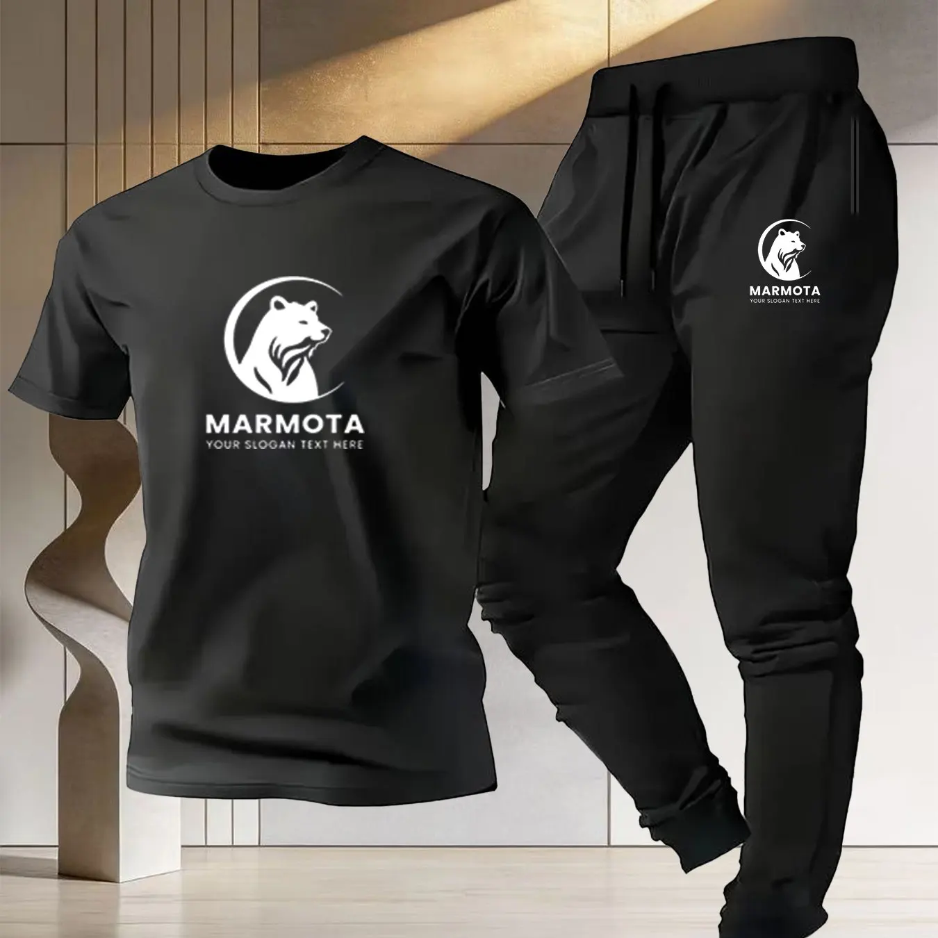 Men's outdoor cotton sports outfit 2026 new style - round-neck t-shirt + slim-fit long pants with animal print sports suit