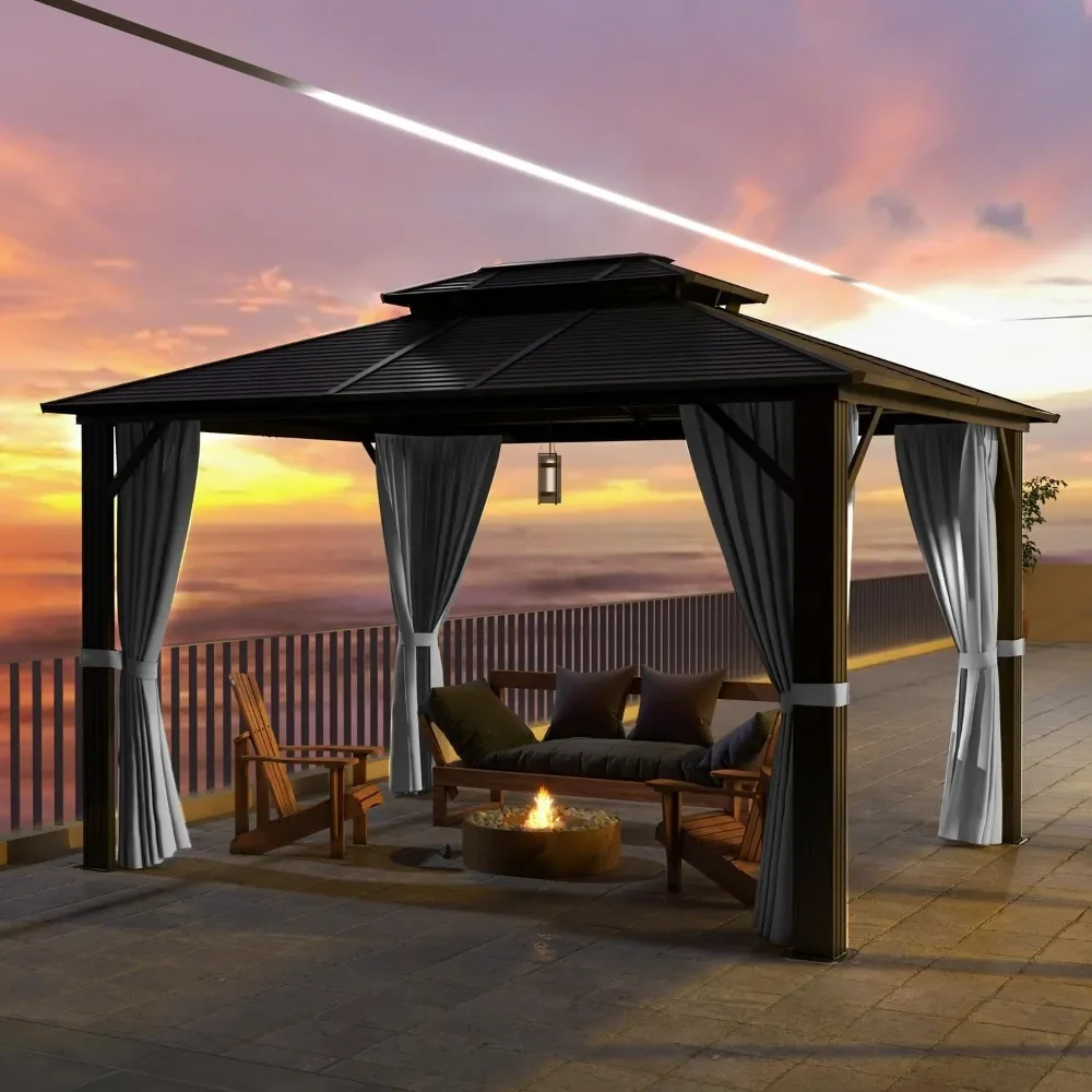 10x12FT Outdoor Galvanized Gazebos with Mosquite Netting, Double Metal Roof Gardens, Garden