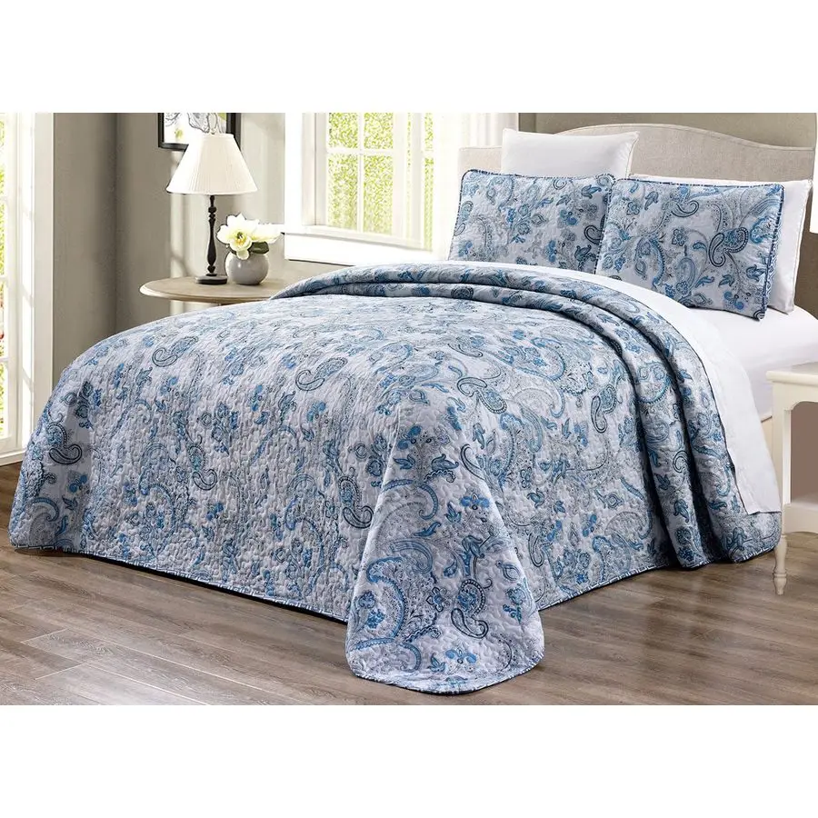 

3Piece Oversize 115 X 95 Fine Printed Prewashed AllSeason Quilt Set Reversible Bedspread Coverlet King Size Bed Cover Grey, Blac