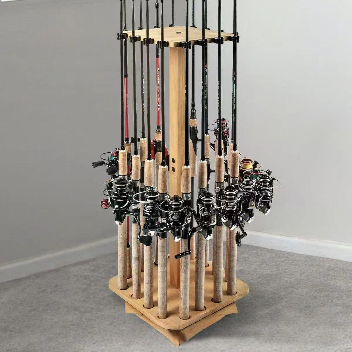 حامل قضيب صيد خشبي قابل للدوران عموديًا مكون من 16 مقعدًا