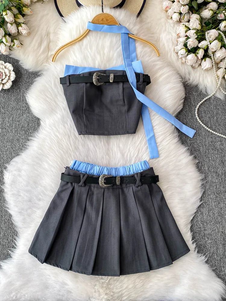 

Sexy Color Blo Band Chest Pad Tube Top Vest Design Sa Top + High Waist Pleated ort Skirt Two Piece Set Faionable Outfit