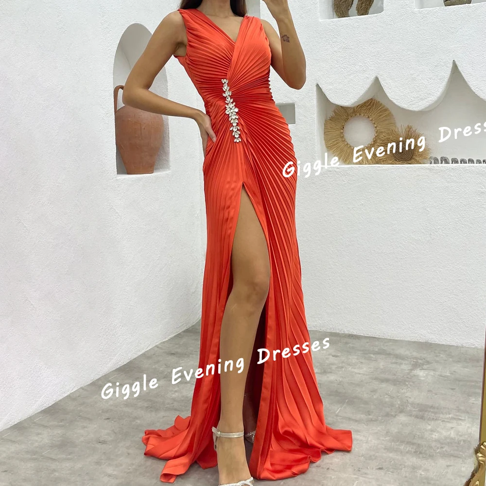 

Giggle Satin Beaded Slit Elegance Prom Gown Pleat Saudi Arab Summer Sleeveless Floor-Length Evening Party Dresses for Women 2024