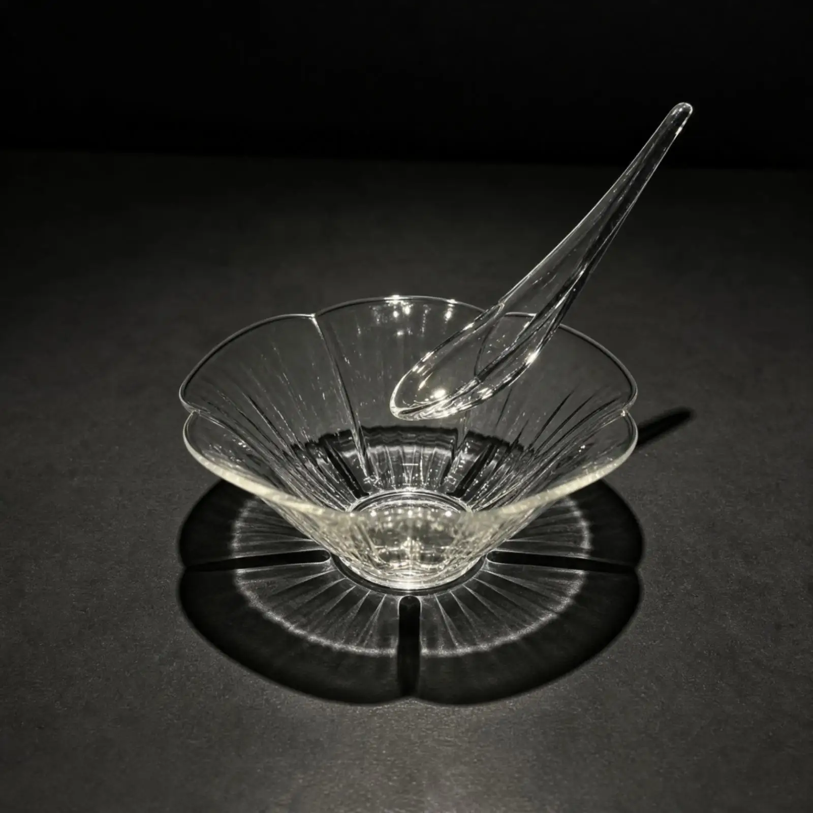 Glass Sashimi Serving Bowl with Fluted Edge and Vertical Ribbing for Seafood Fruit Dessert Buffet Table Use with Spoon