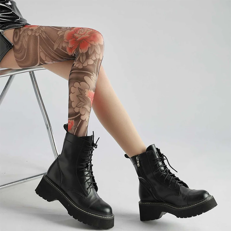 Sexy feminino impresso collants falso tatuagem peônia meia-calça perspectiva feminina malha leggings meias de náilon