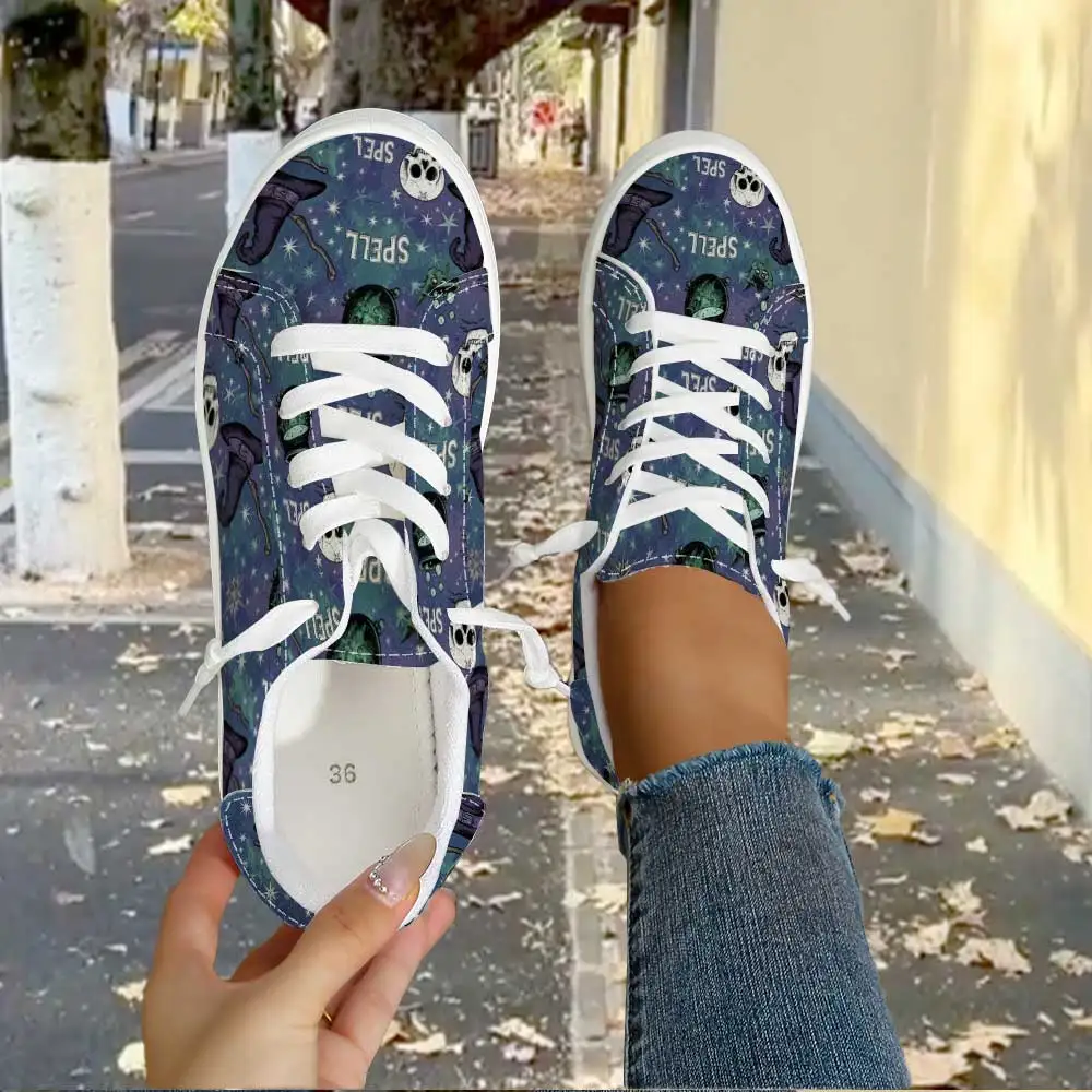 Women Occult Magic Halloween Canvas Sneakers, Lace‑Up Low‑Top Casual Shoes, Witch Hat Broom Skull Spell Print Fashion Daily Foot
