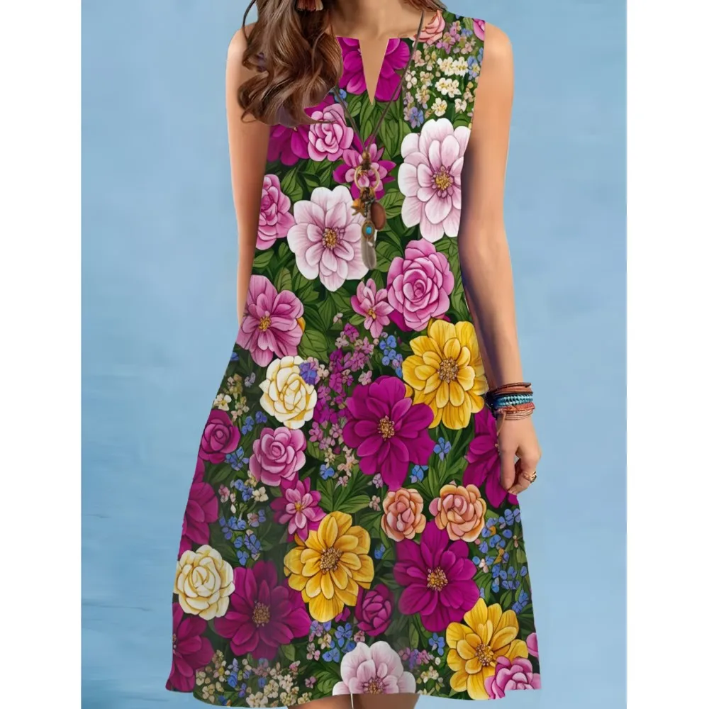 Vestido de vacaciones Retro con estampado Floral de verano para mujer, Vestido playero bohemio a la moda con cuello en V, vestido sin mangas para mujer 2025