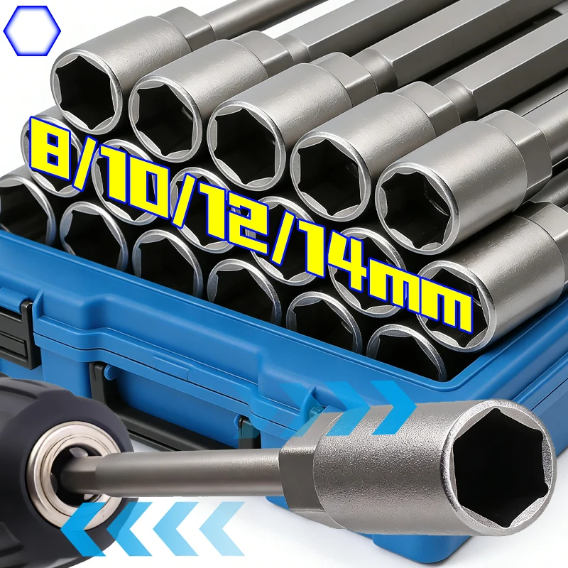 

4/1x Extended Deep Hex Socket for Electric Drill 8mm 10mm 12mm 14mm Hex Head Bolt Nut Driver Bit Extension Rods Repair Tools