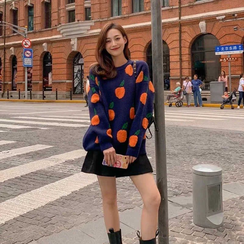 Orange Sweater Cute Pullover 2024 Fall Trend Sweety Women Sweater Fruit Orange Pattern Winter Sweater Women Kawaii Loose