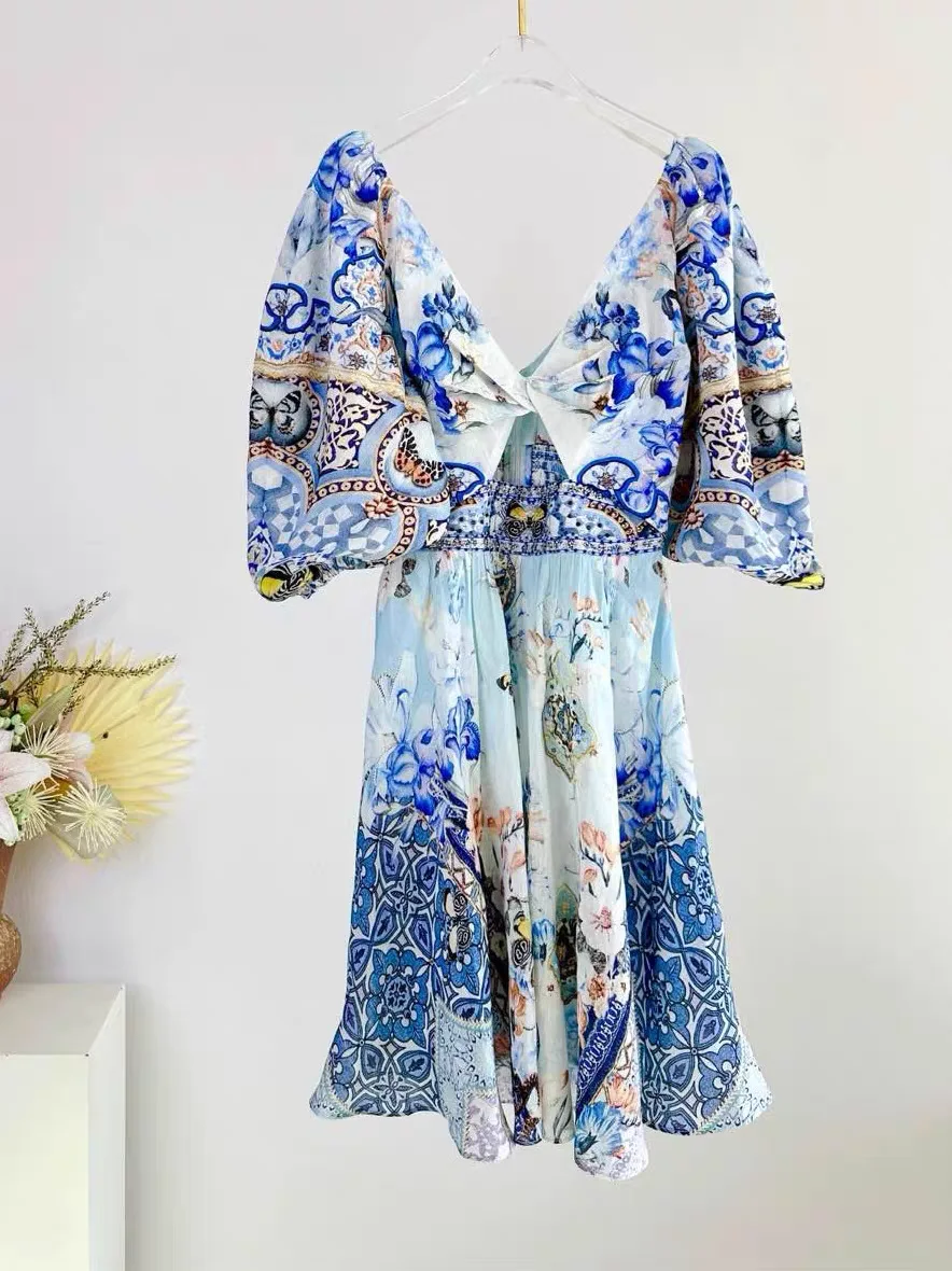 Mini Dress for Women 2025 New Spring Summer Flower Printed V-neck Slim Waist Sweet Short Lantern Sleeve Robes