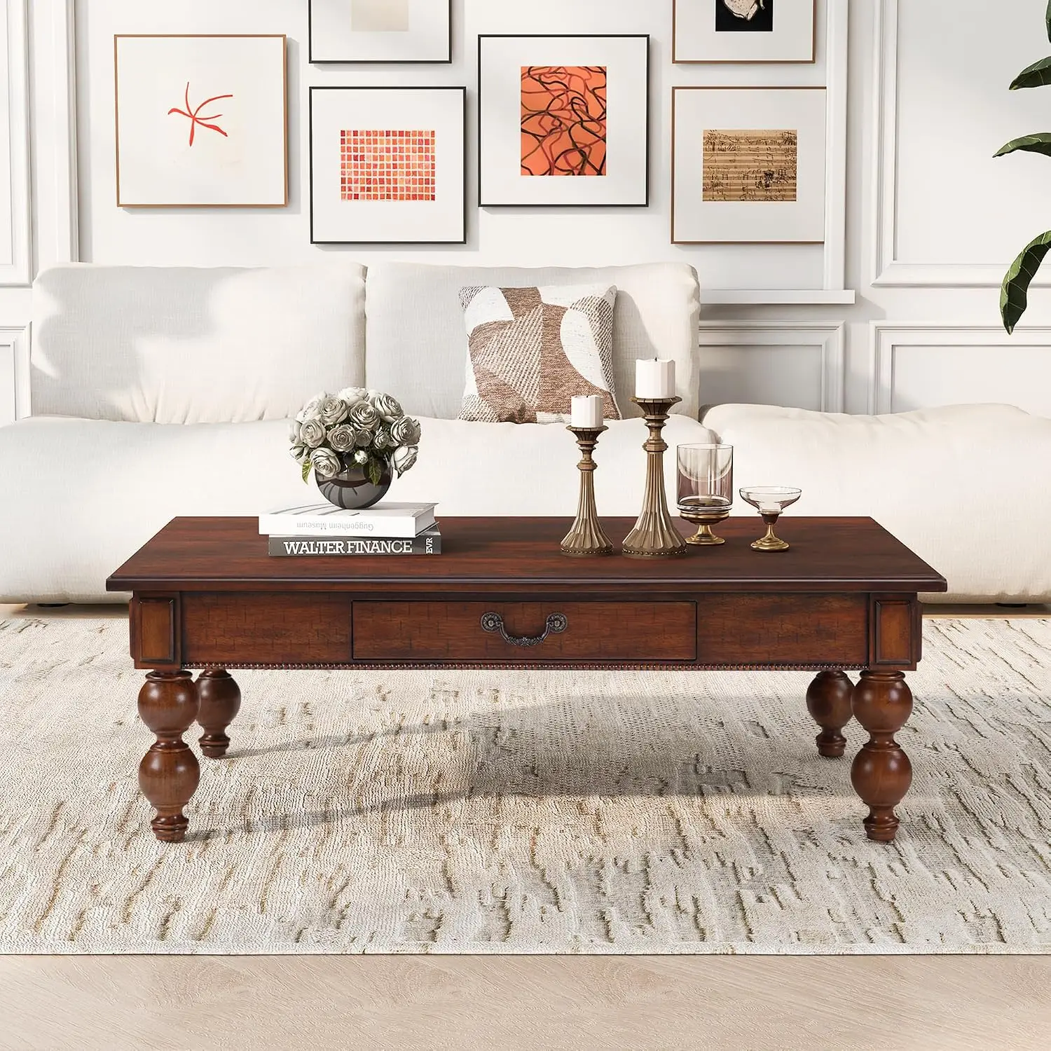47’’ Traditional Coffee Table with Storage, No Assembly, Walnut, Customized
