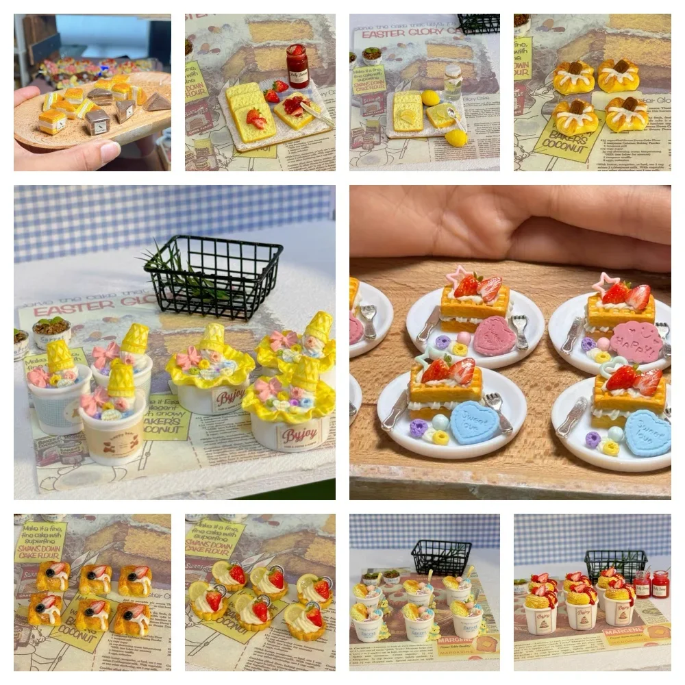 

Doll House Accessories Clay Strawberry Cake Croissant Game Kitchen Diy Bread Dessert Set Bjd Dolls Simulation Afternoon Tea Toys