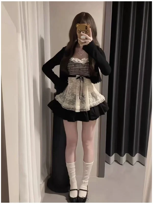 Sweet And Spicy Girl Pure Desire Three-Piece Set Lace Top Cardigan Cake Skirt Sexy Whole Set Summer Fashion Women's Ensemble