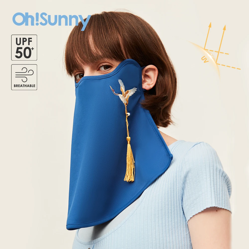 OhSunny Sun Protective Scarf Chinese Style Embroidered Face Cover With Neck Protector Soft Breathable Washable Fashion UV Mask