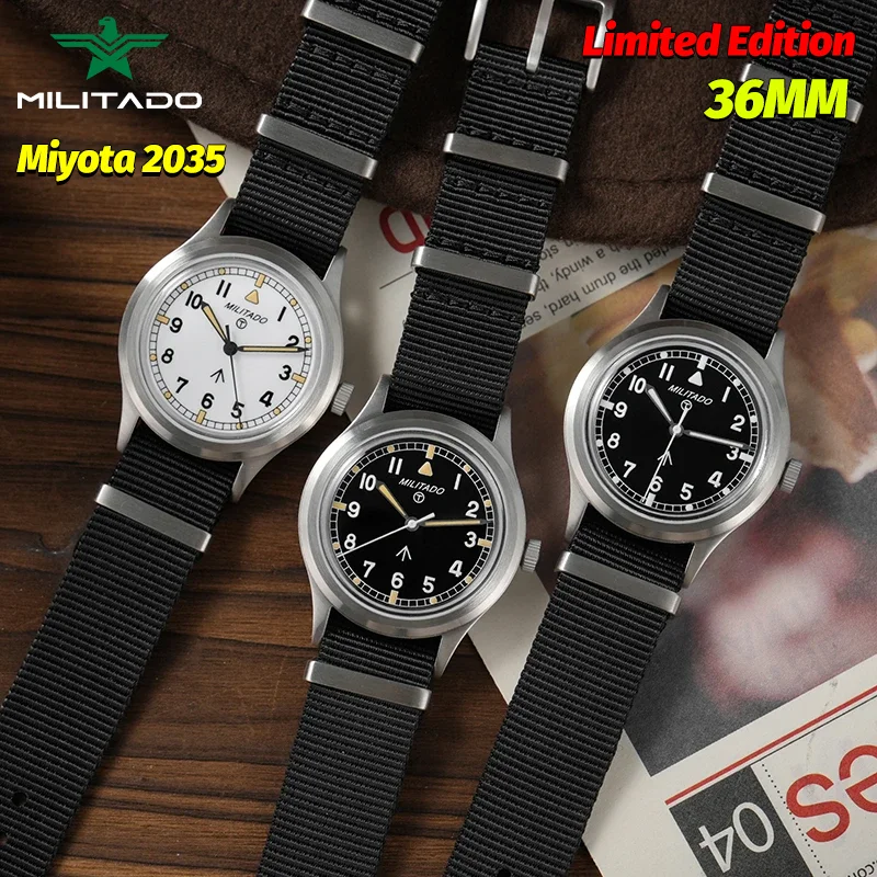 

Новые мужские наручные часы Militado ML22, ограниченная серия, кварцевые часы Miyota 2035, стекло K1, светящиеся, водонепроницаемые до 100 м, 36 мм, винтажные часы